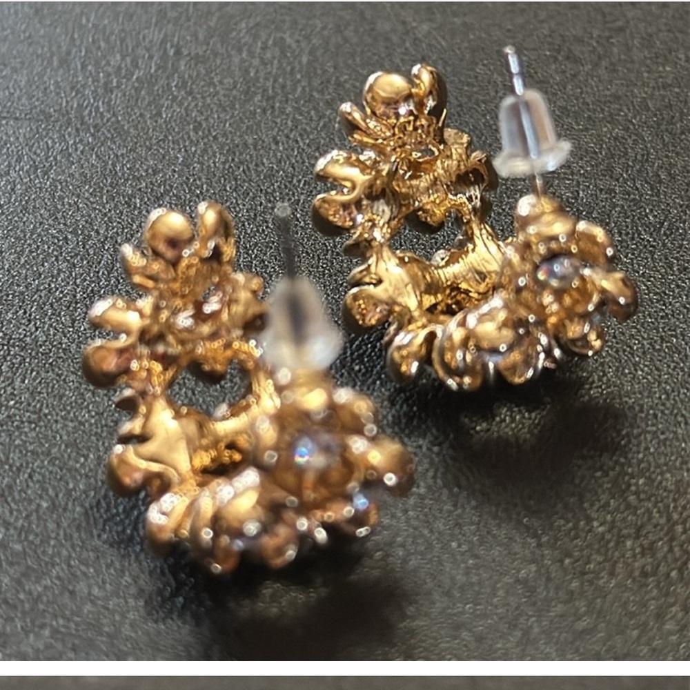 Double Row Flower Gold-Tone Post Back Rhinestone Adorned Earrings - Picture 7 of 8